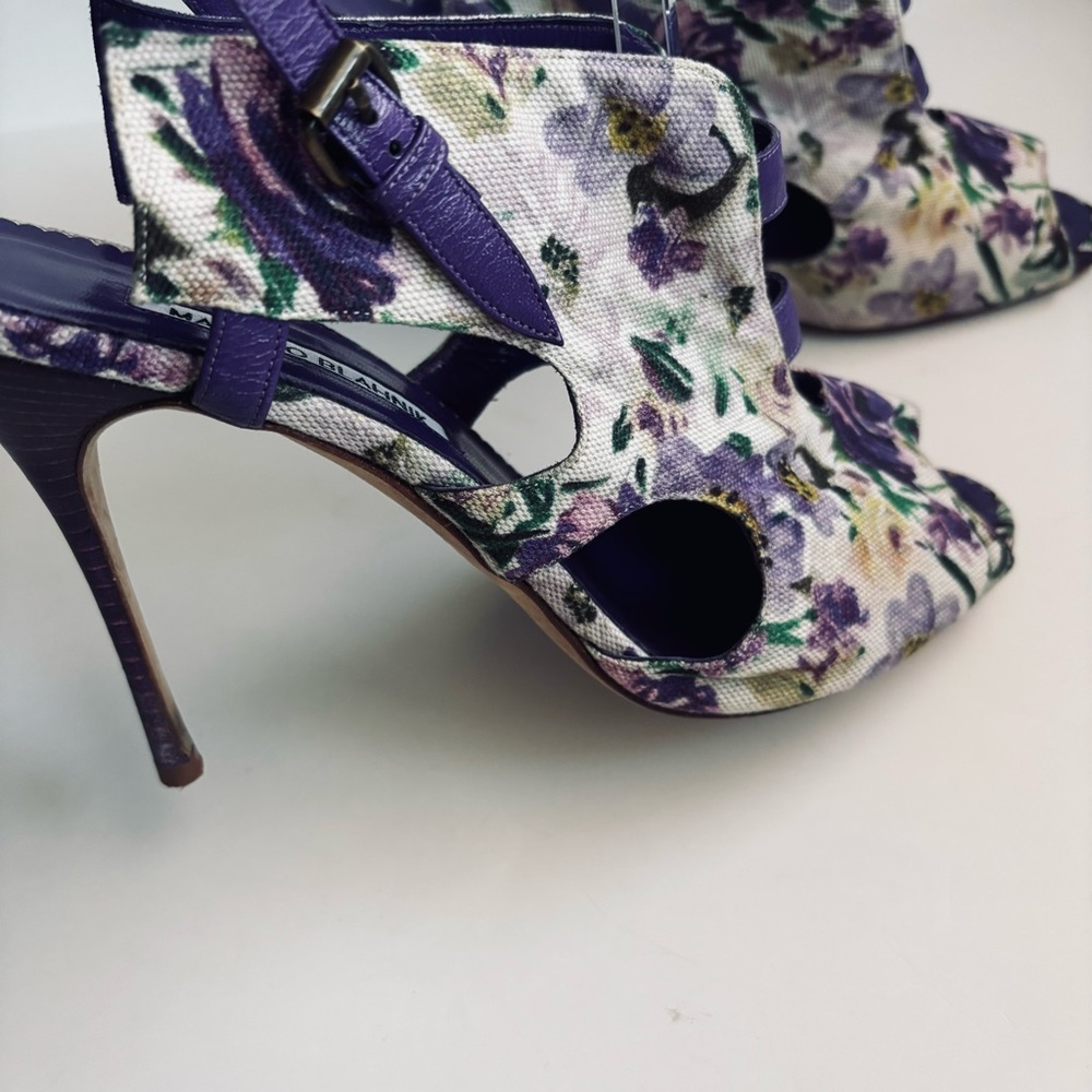 Manolo Blahnik Floral Cotton Slingback Purple Heels Sandals Shoe Size 11.5 - Picture 8 of 15